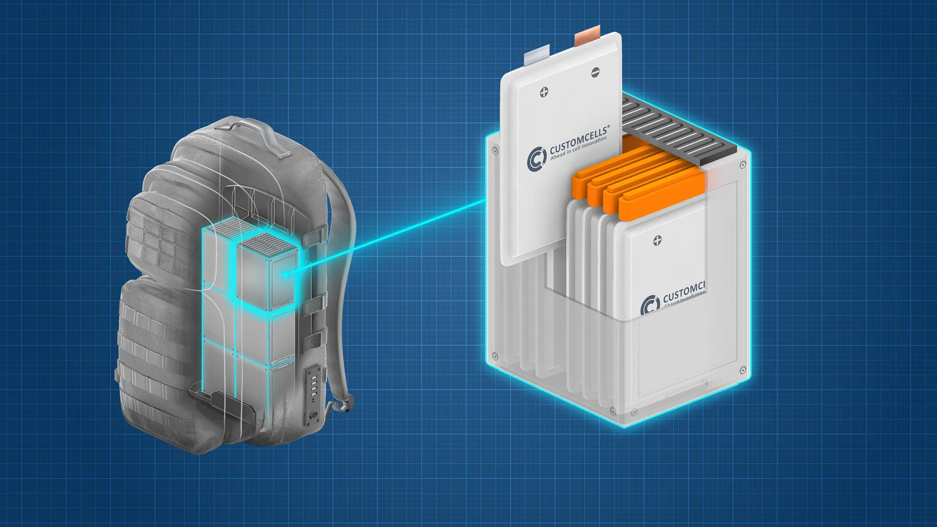 3D illustration of a backpack showing a highlighted battery pack inside, with a larger version of the battery pack displayed on the right.