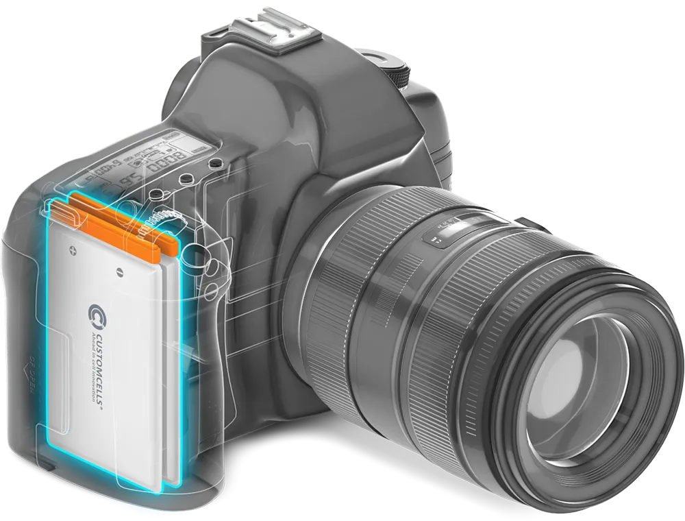 3D visualization of a camera with a highlighted battery pack.