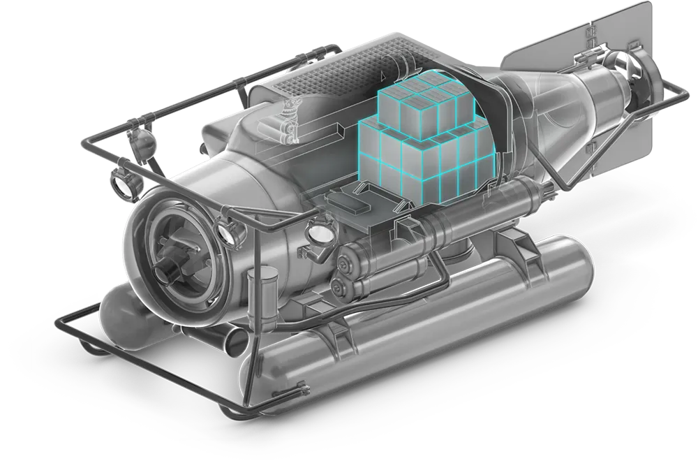 3D visualization of a submarine with a highlighted battery pack.