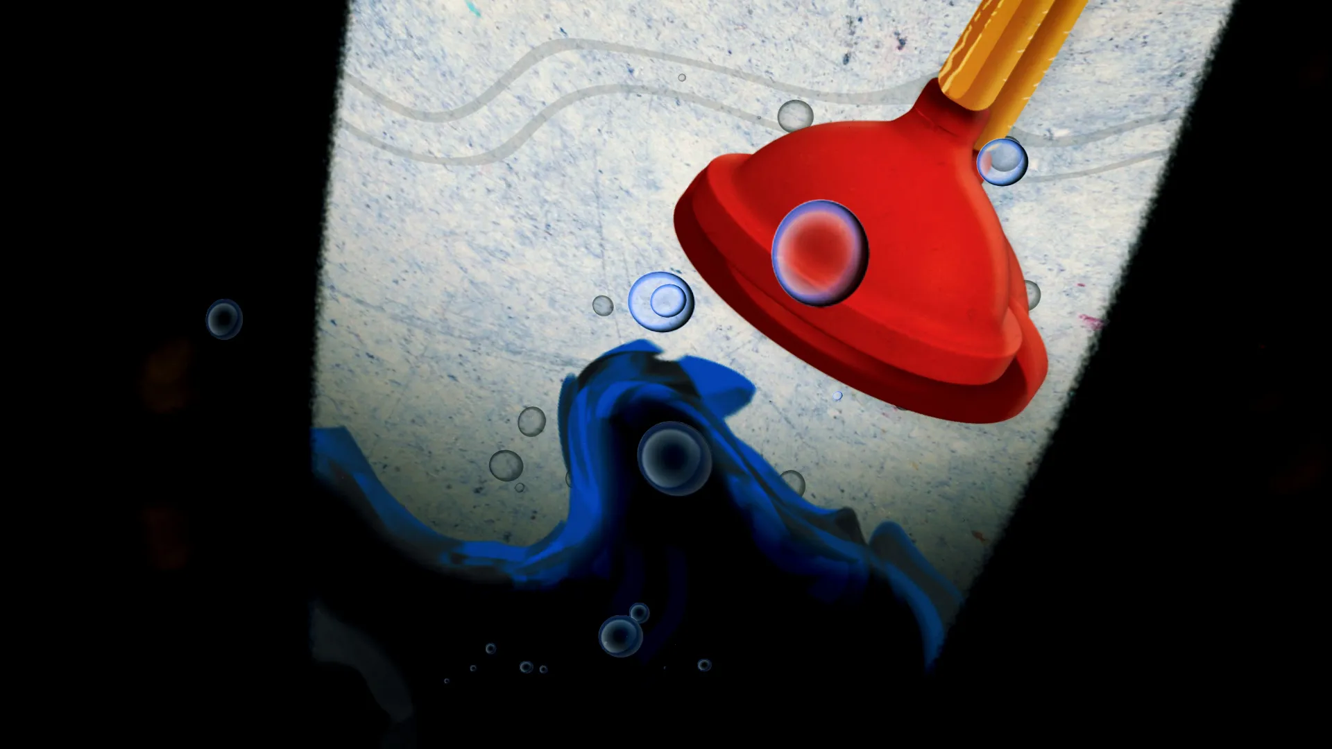 Comic illustration of a plumber using a plunger in a toilet bowl.