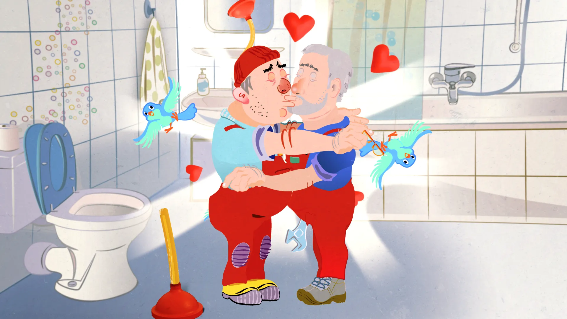 Comic illustration of two plumbers kissing.