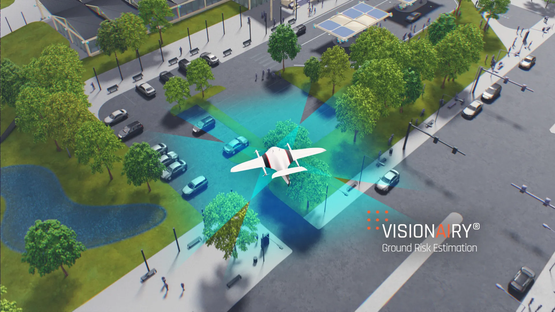 3D illustration of an AI-based guidance system, shown with a drone flying over a small urban area, with a color overlay indicating landing zones for the drone.