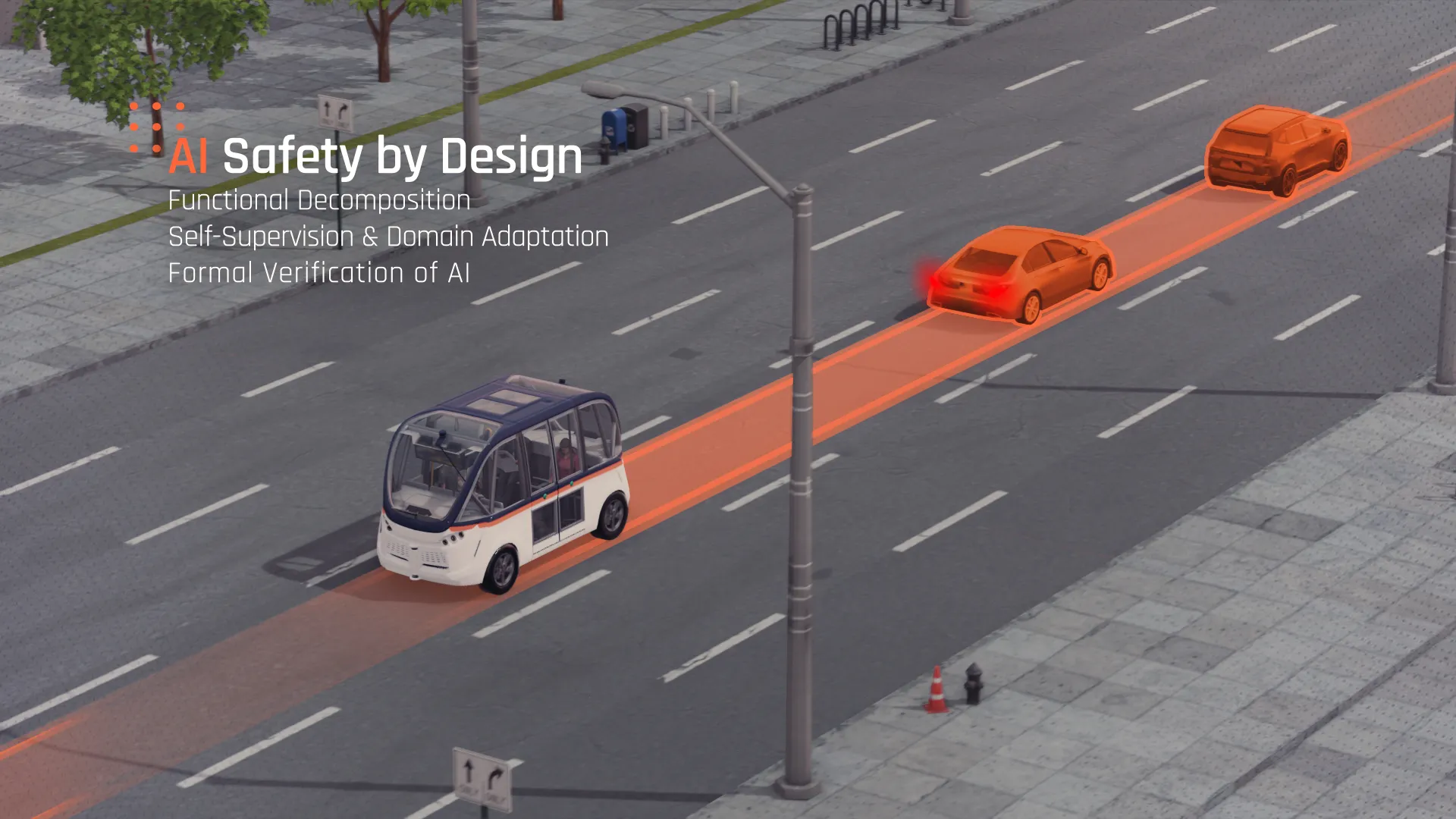 3D illustration of an AI-based guidance system in a street scene with a bus.