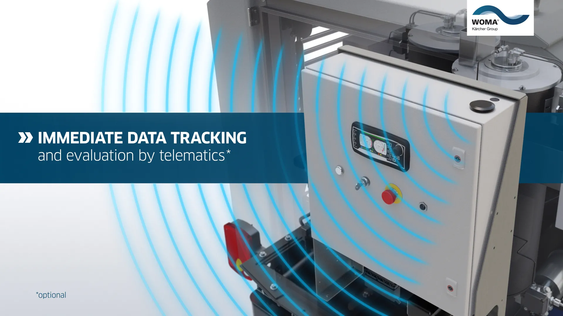 3D illustration, close-up of a telematic unit with a water pump unit in the background, with radiowaves overlaid to show the unit’s function.
