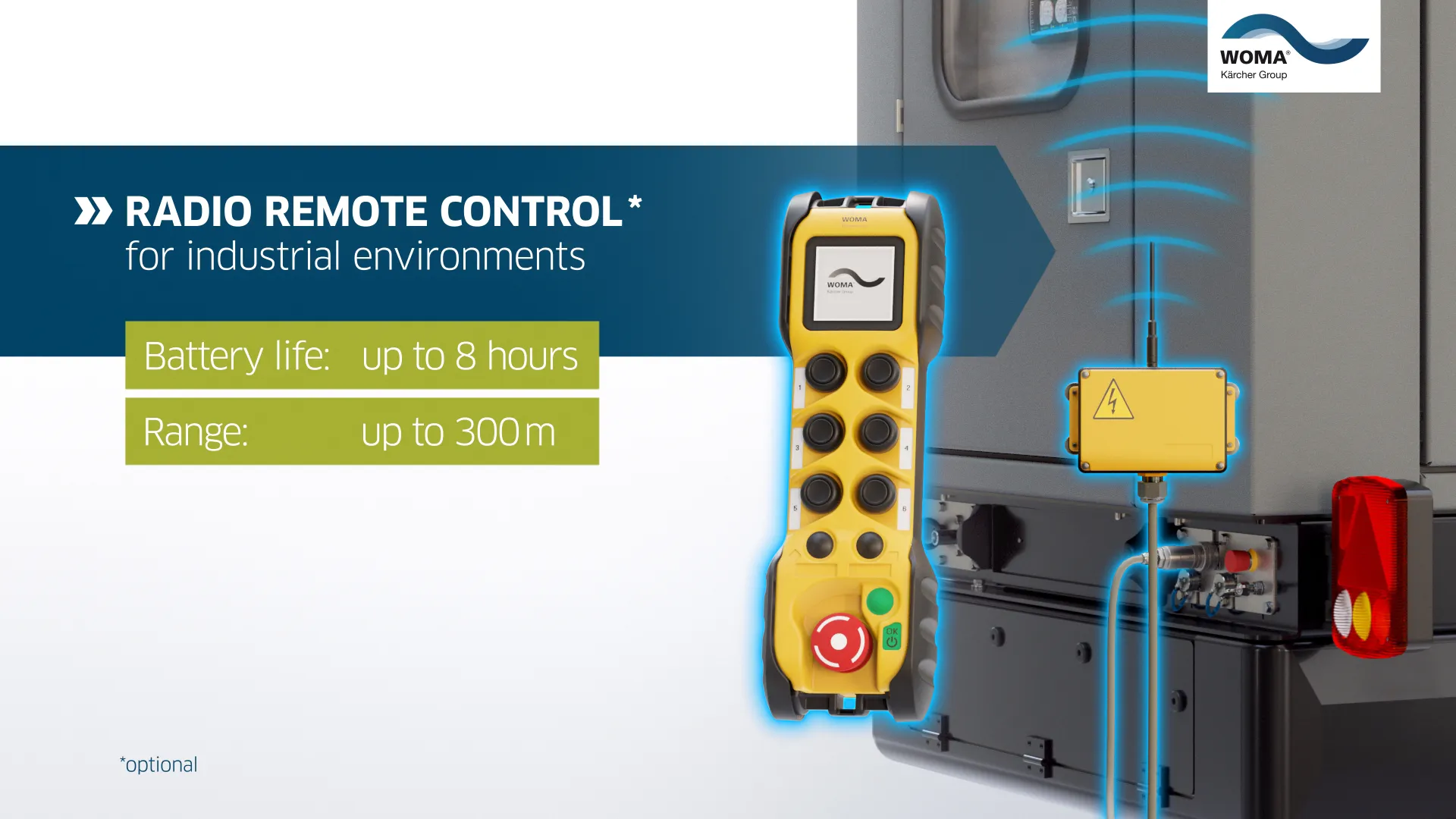 3D illustration, close-up of a radio remote unit with a water pump unit in the background.