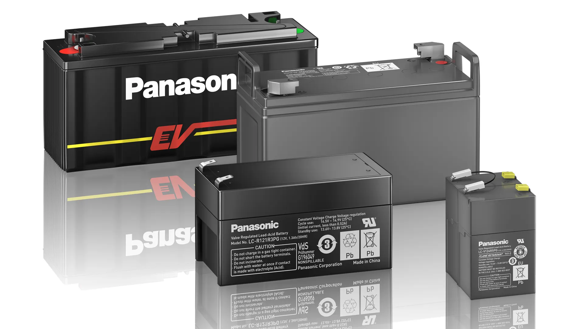 3D illustration of Panasonic batteries in various types and sizes.