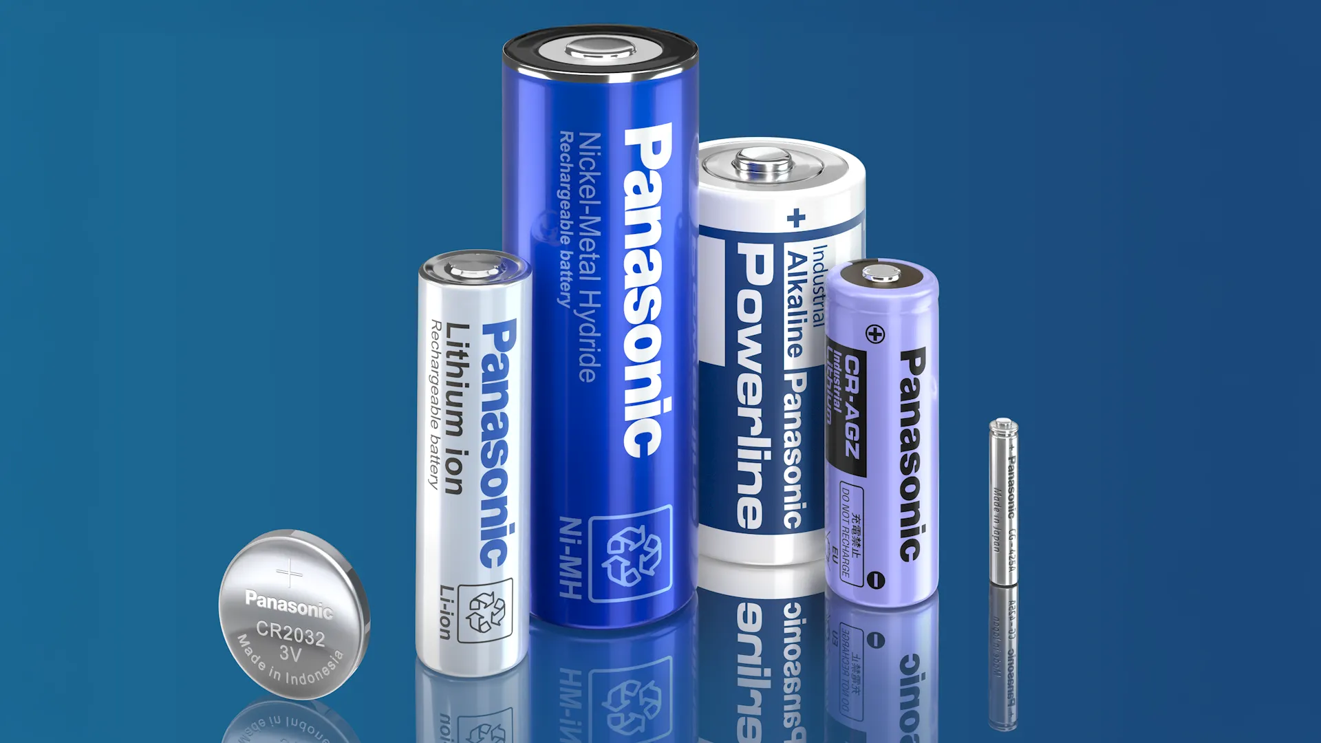 3D illustration of Panasonic batteries in various types and sizes.