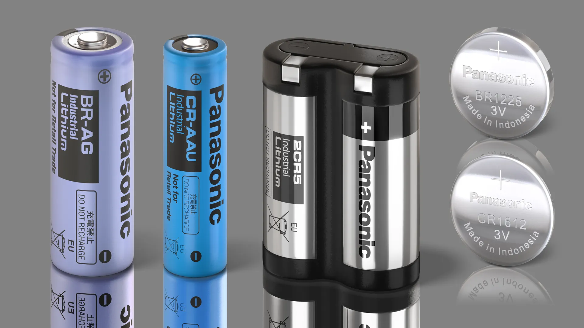 3D illustration of Panasonic batteries in various types and sizes.