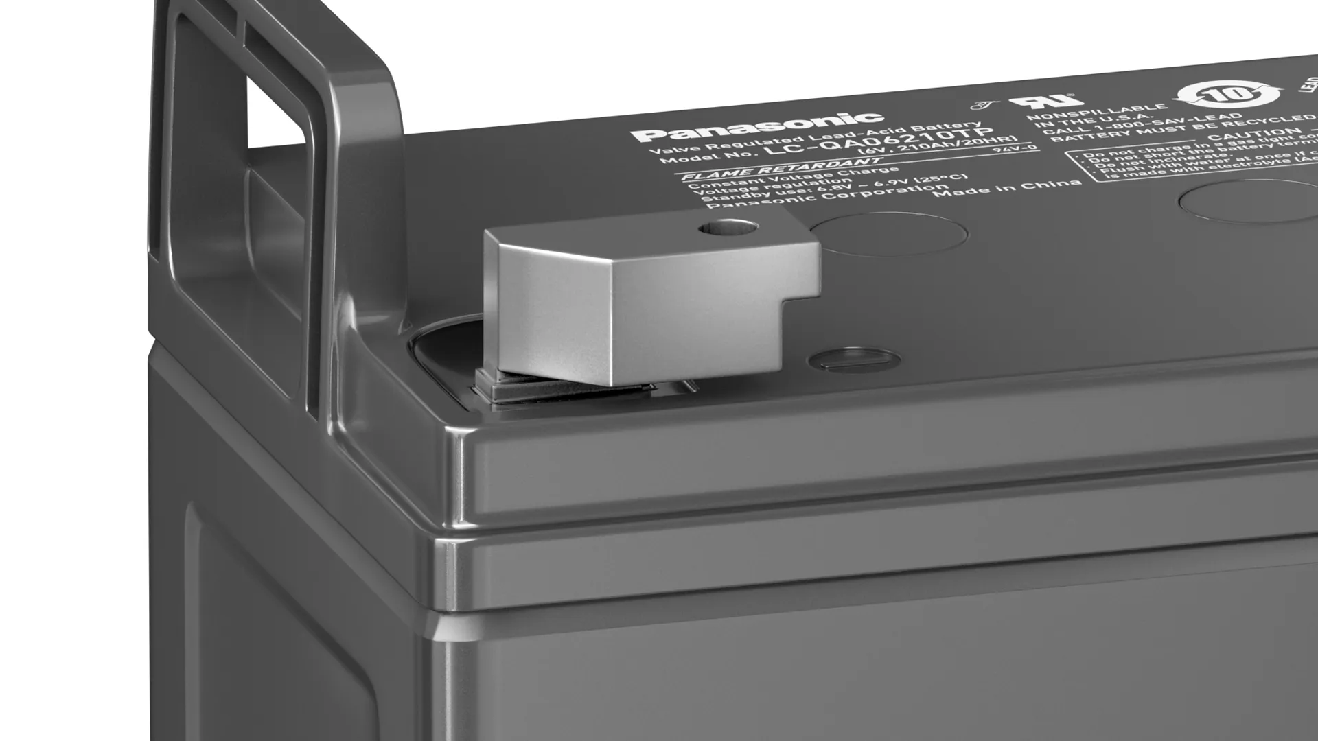 Close-up of a 3D illustrated battery showing reflections on the metal surface.