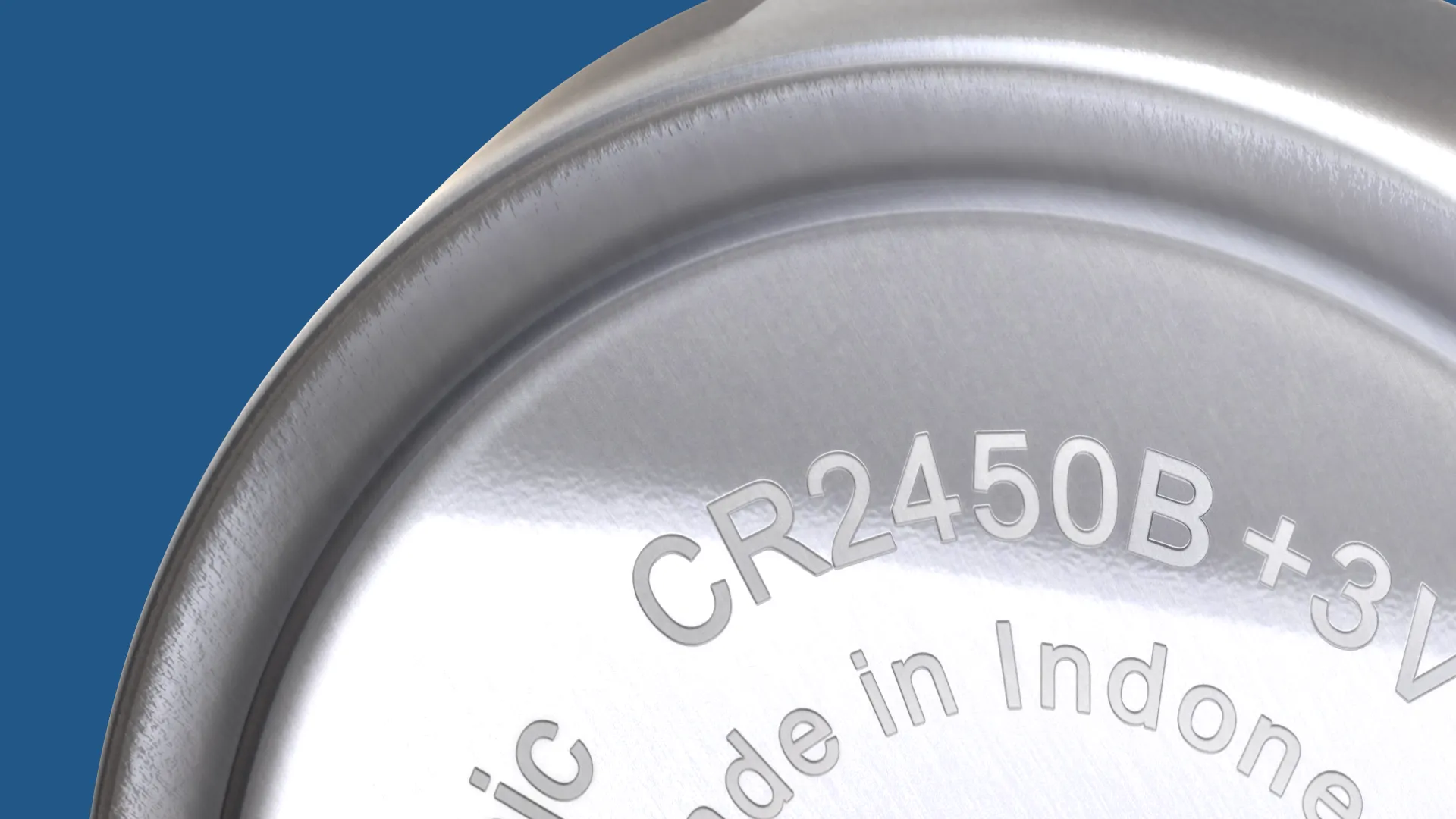 Close-up of a 3D illustrated coin battery showing reflections on the metal surface.