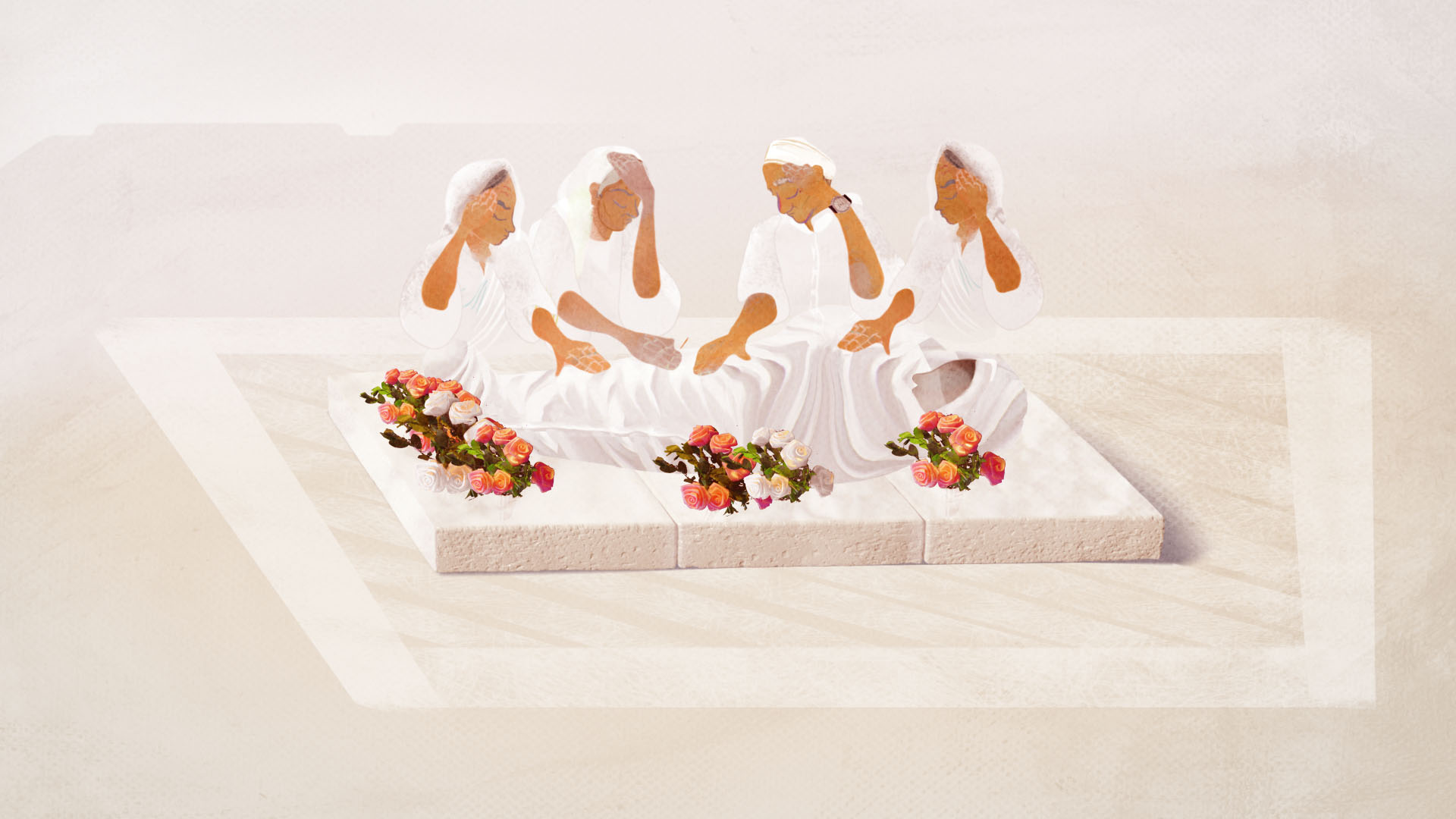 Somber 2D illustration of four members of the Parsi community mourning a deceased person wrapped in white sheets, lying on stone slabs, with flowers placed nearby.