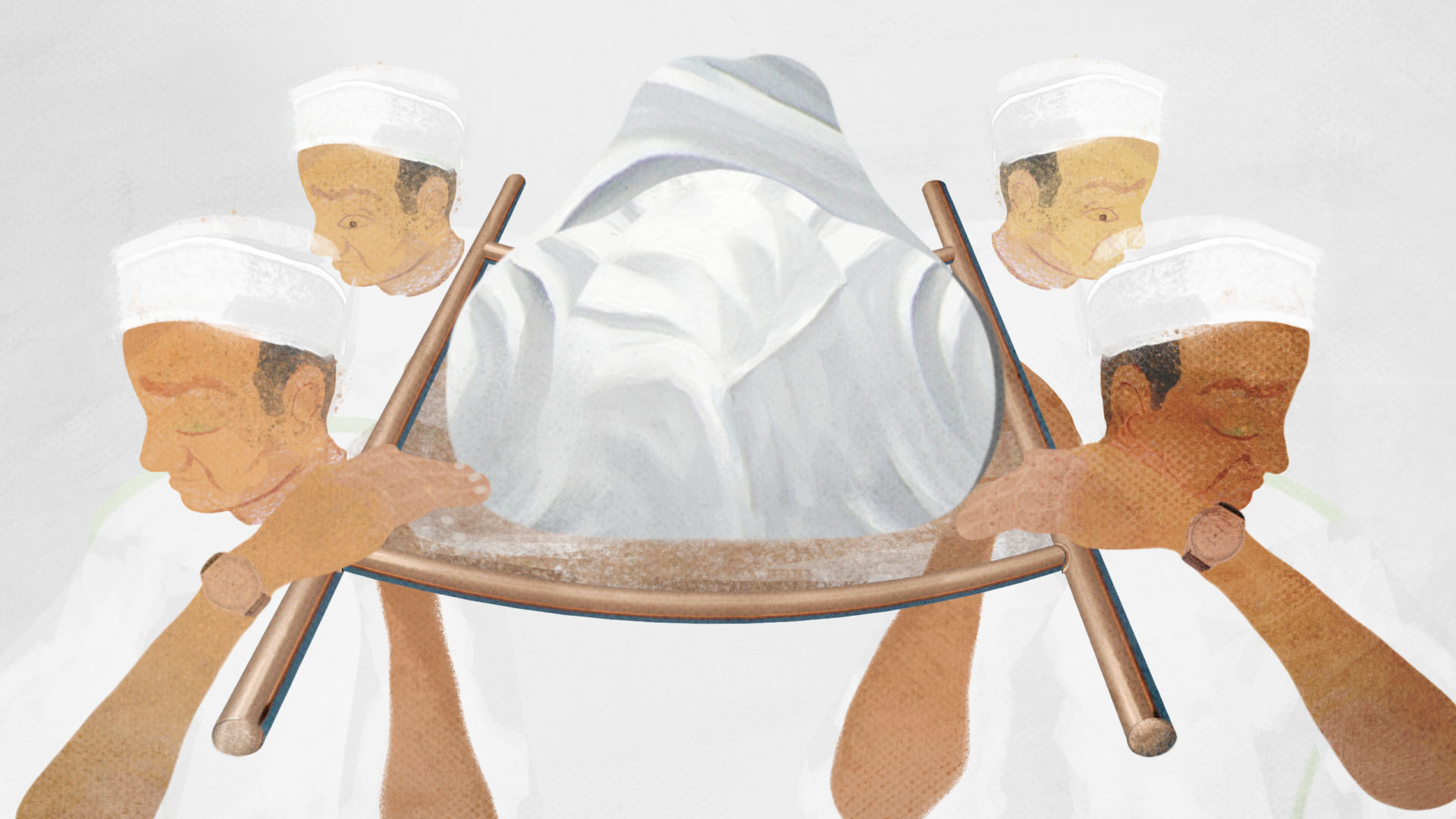 2D illustration of four Parsi community pallbearers carrying a body wrapped in white sheets.