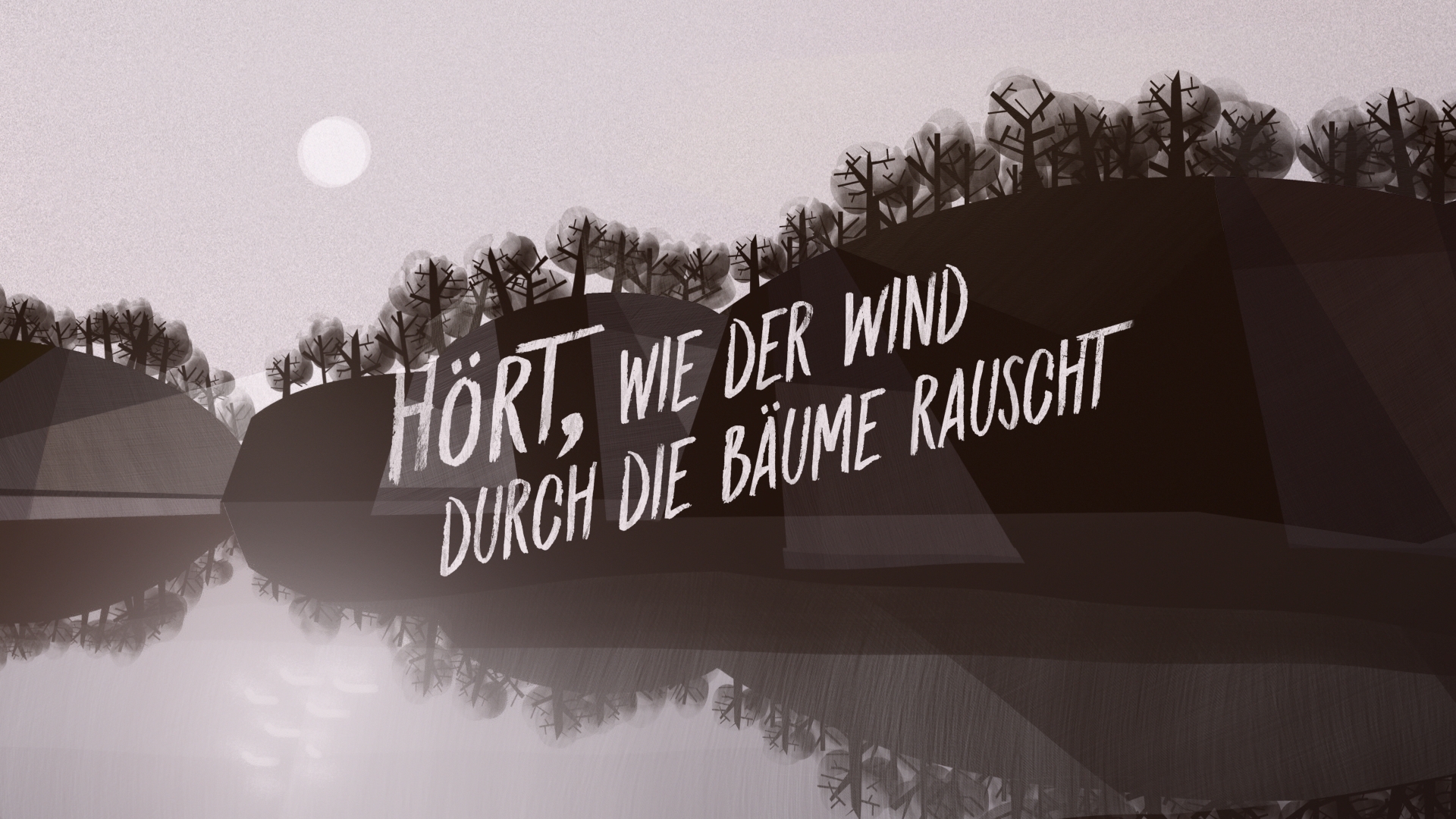 Stylized illustration of a sun setting over a lake, shining through trees, with the word ‘Listen’ overlaid in the foreground.