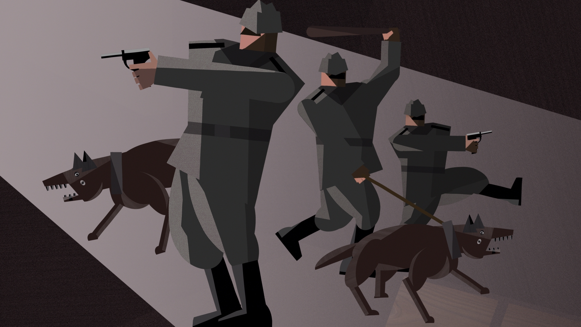 Stylized illustration of three German soldiers with dogs, appearing menacing.