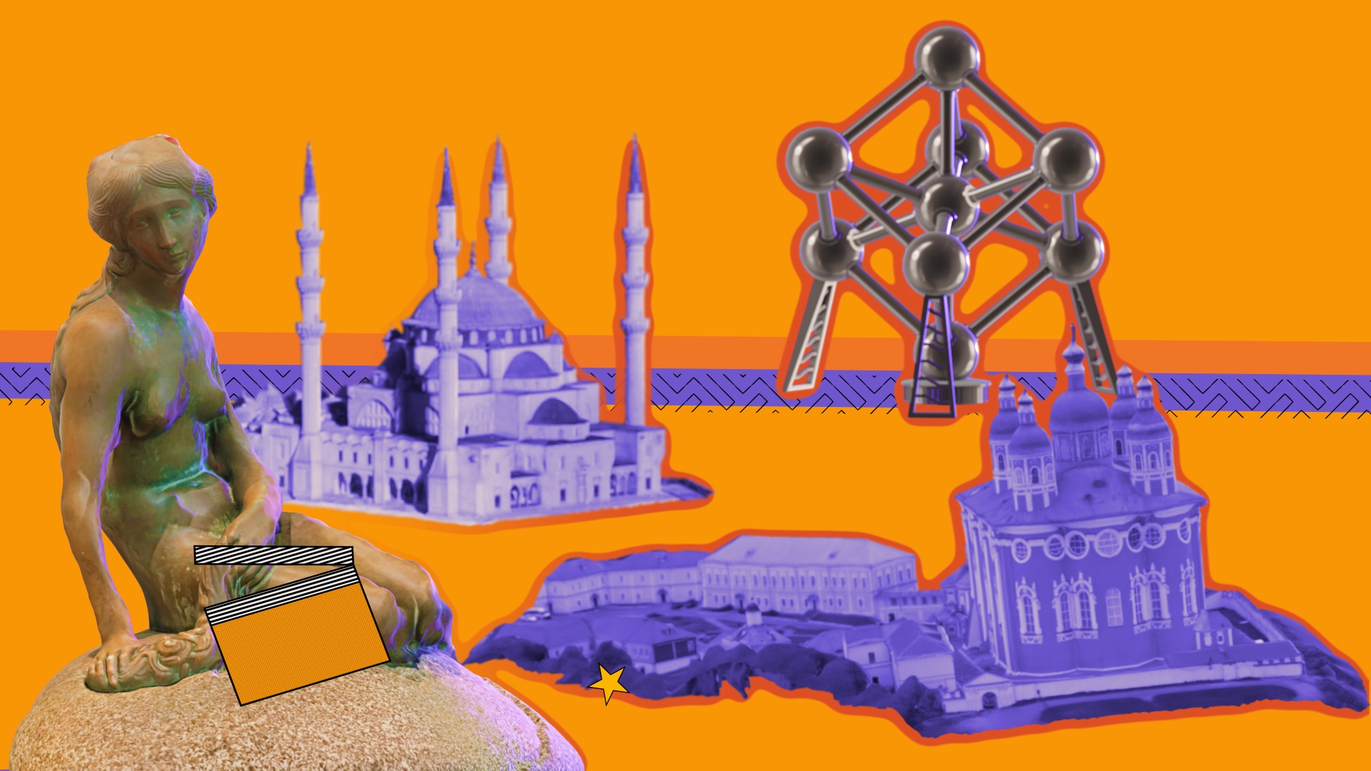 Moody, colorful 3D illustration of European signs and symbols in front of a striped background.