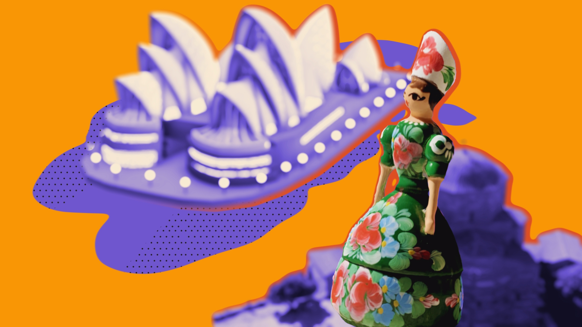 Moody, colorful 3D illustration of European signs and symbols in front of a striped background.