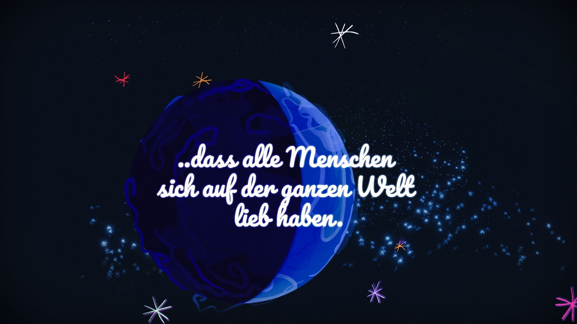 Whimsical, colorful 2D illustration of the Earth with many hand-drawn stars, with the sentence ‘That all people love each other around the world’ overlaid.