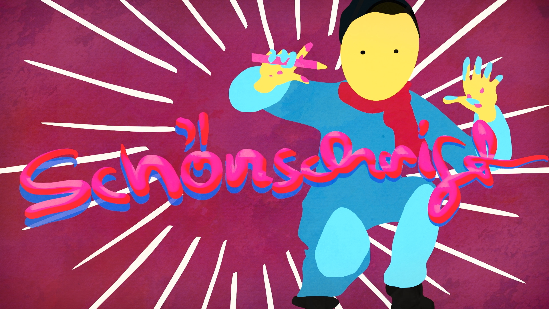 Whimsical illustration of a person covered in paint, holding a pencil, with the word ‘schönschrift’ overlaid on the image.