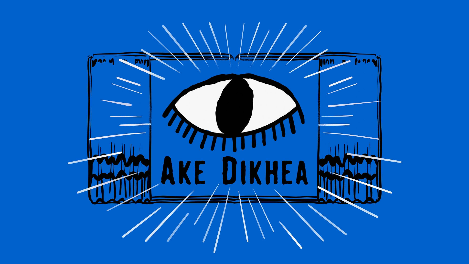 Hand-drawn illustration of the Ake Dikhea Eye logo surrounded by rays of light and a cinema screen.
