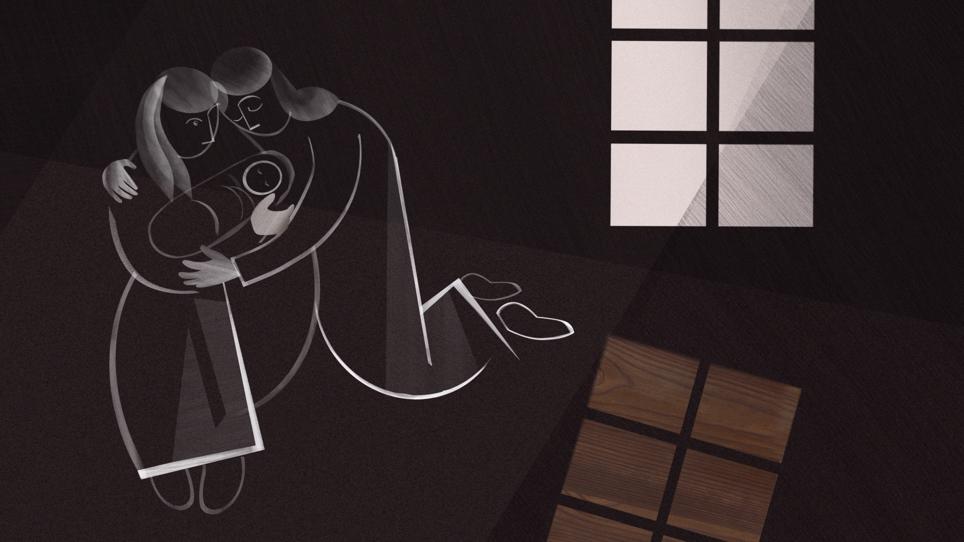 Moody illustration of two women holding each other and a baby in a dark attic, with harsh light coming through one window.