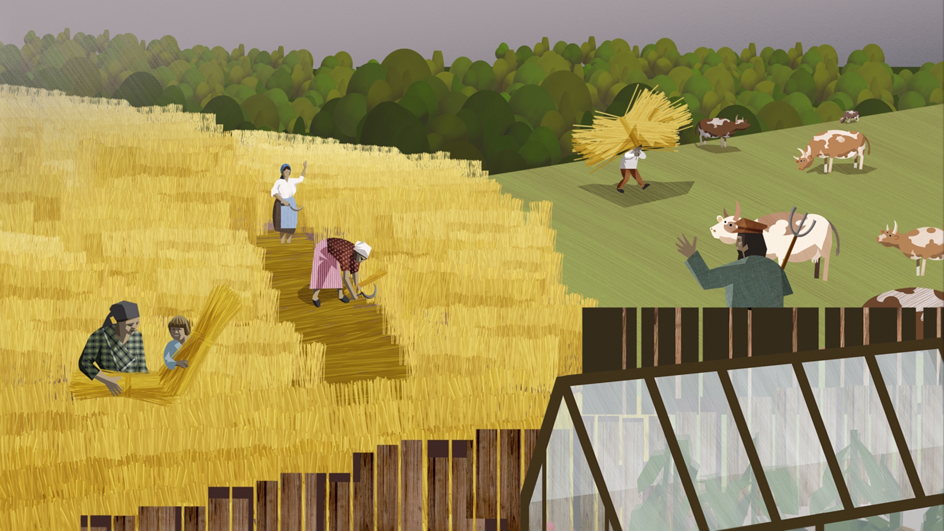 Vivid illustration of a rural scene in 1940s Russia, showing a wheat field with people working and two people waving at each other.”