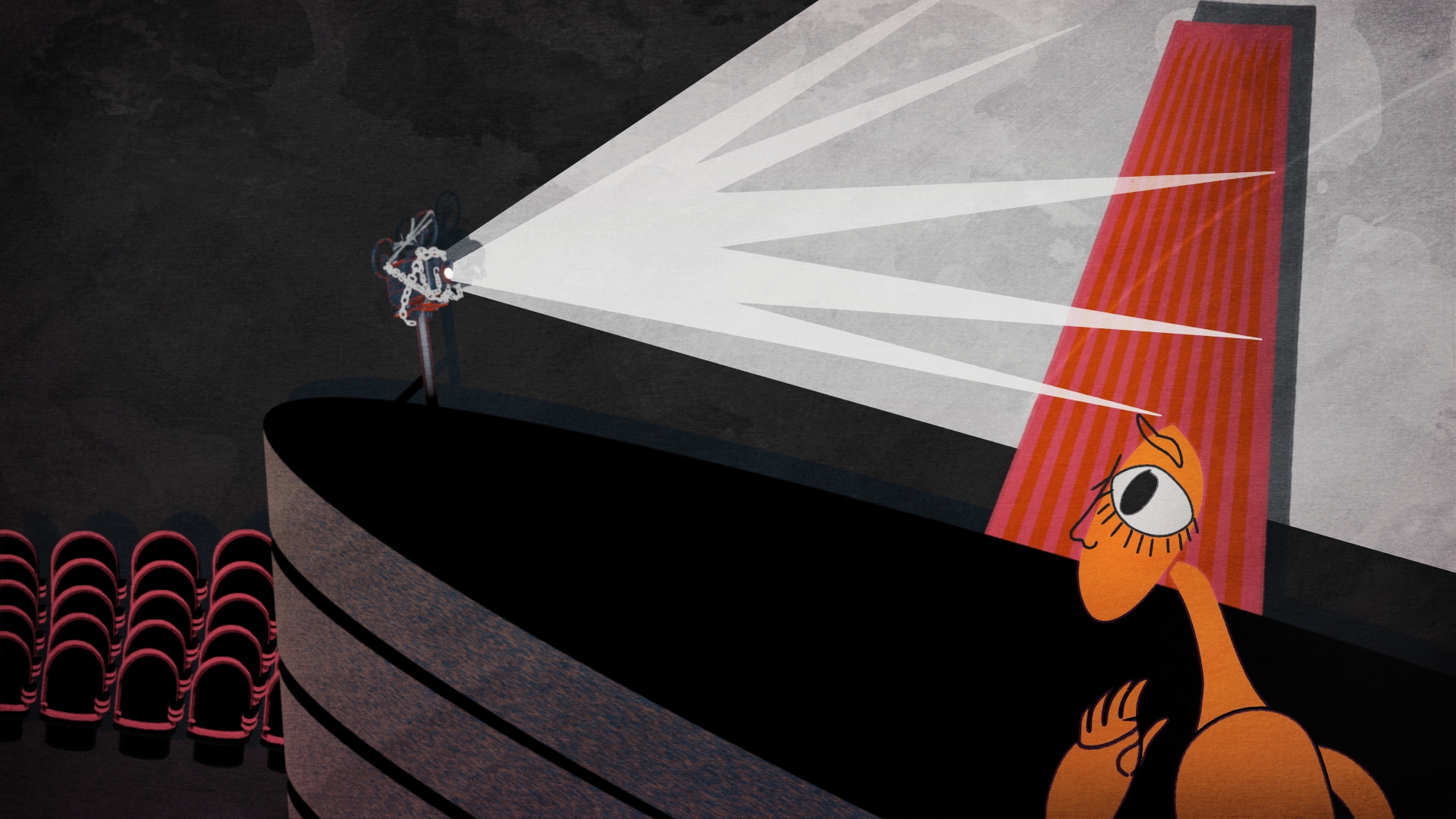 Stylized 2D illustration with dramatic lighting of a person looking in a dark cinema at a chained cinema projector.”