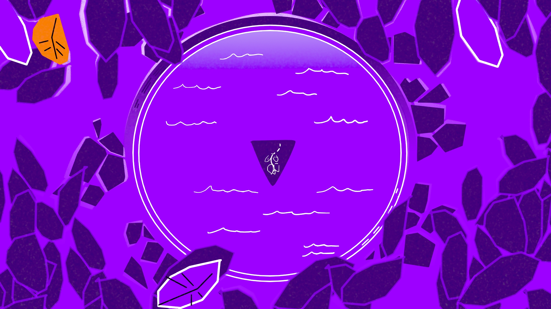 Colorful illustration of a radial pond viewed from above, seen through leaves, with a rose on a triangular stone slab in the center.