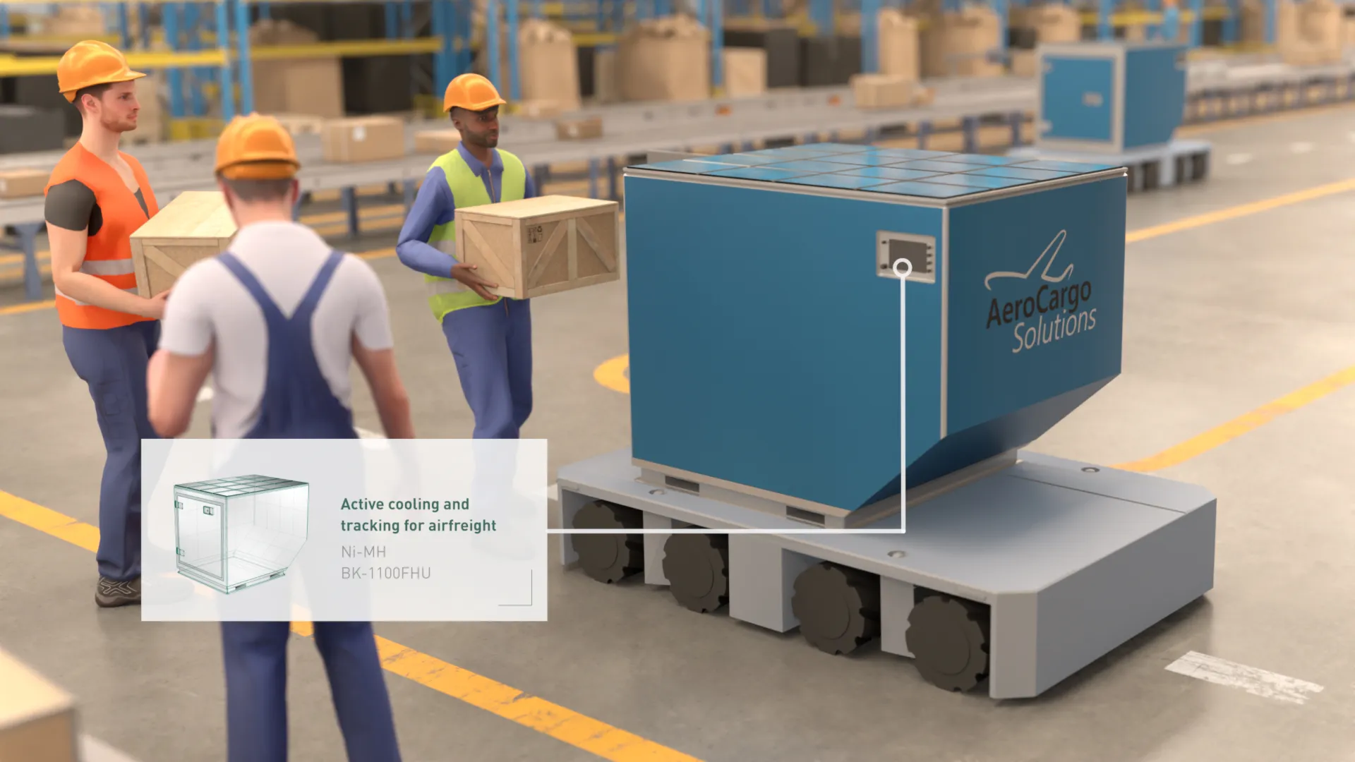 3D illustration of a sunny factory interior with three workers packing parcels into a container.