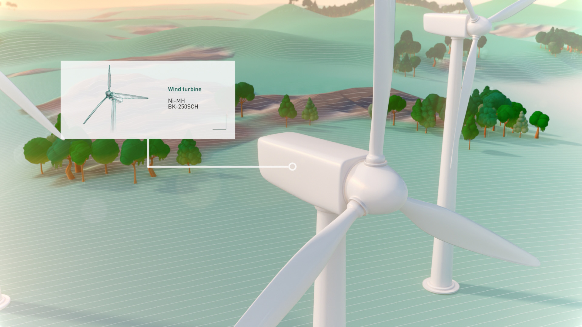 A wind turbine in a lush 3D illustrated landscape with trees.
