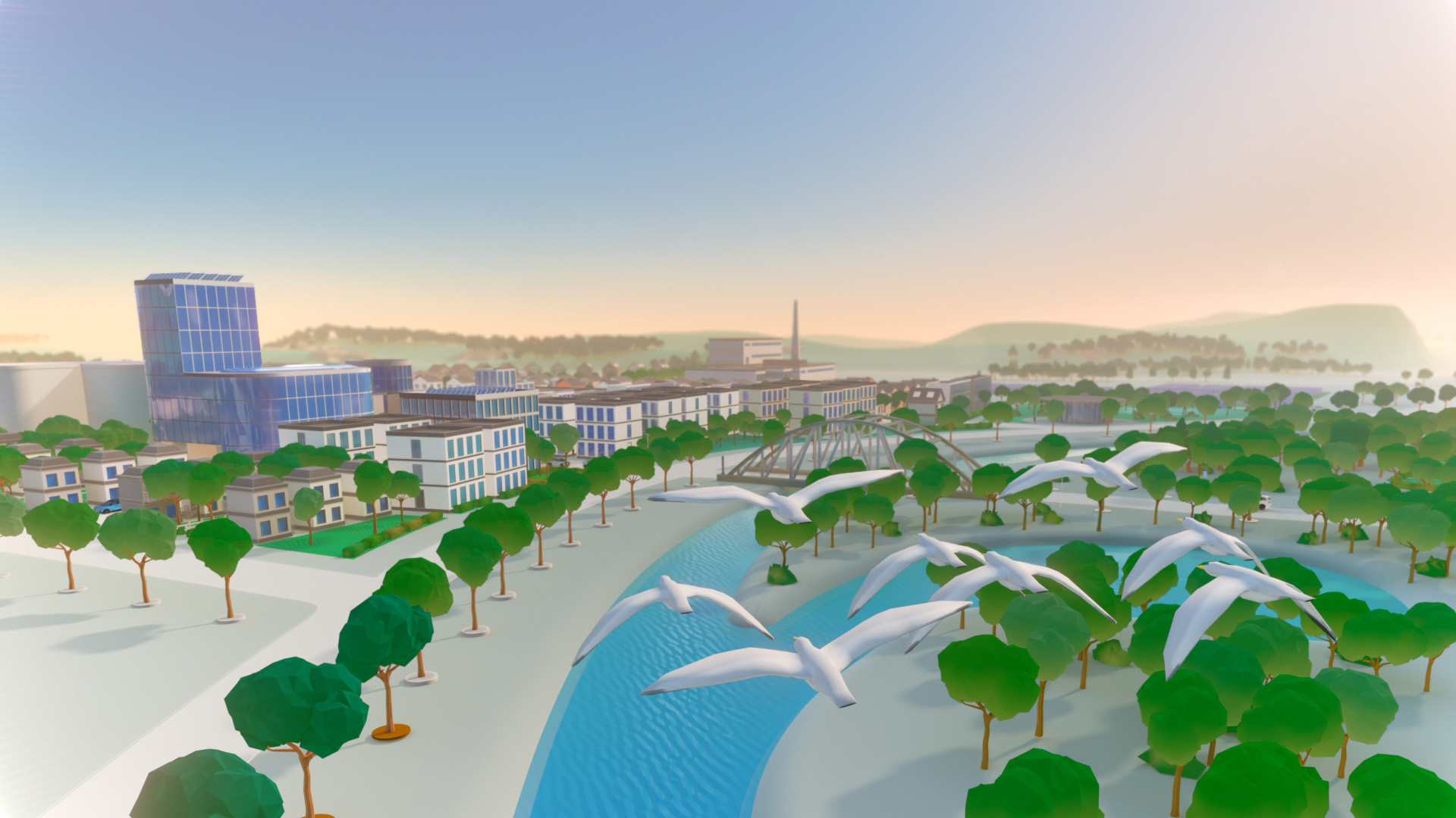 Birds flying over a rich 3D illustrated cityscape with a river.