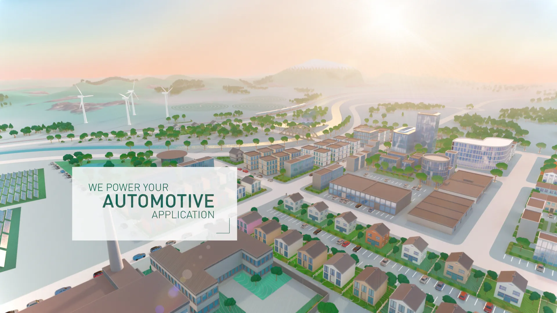 A rich 3D illustrated cityscape with a river.