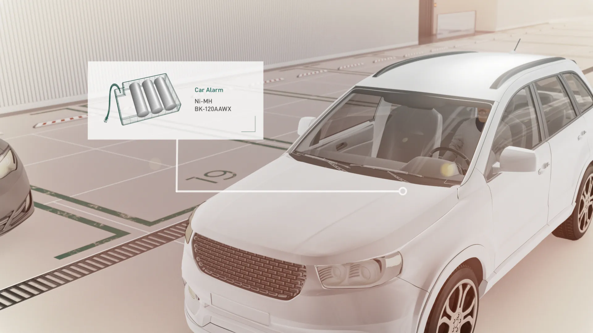 3D illustration of a car in a sunny garage with a highlighted car alarm.